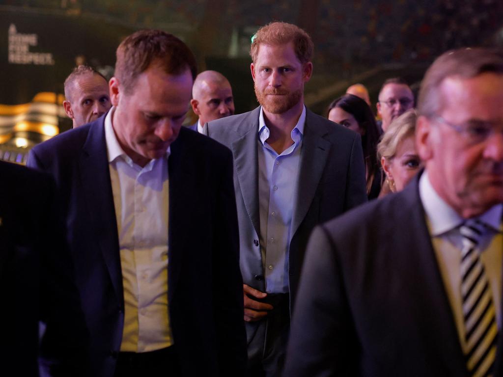 Prince Harry and German Defence Minister Boris Pistorius arrive for the opening ceremony of the 2023 Invictus Games at the Merkur Spielarena in Dusseldorf. Picture: AFP