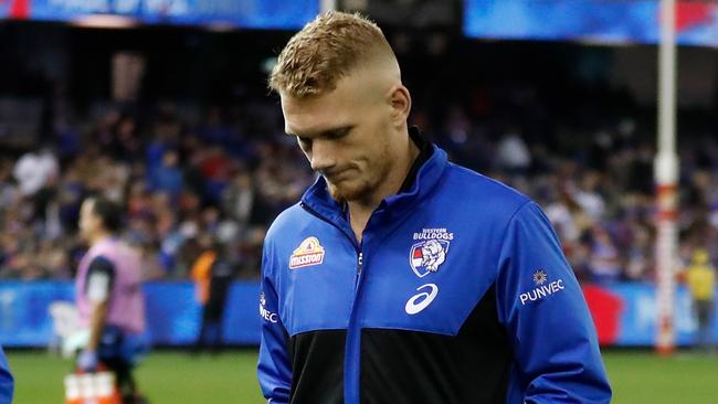 MELBOURNE, AUSTRALIA - MAY 22: Adam Treloar of the Bulldogs looks on with a moon-boot during the 2021 AFL Round 10 match between the Western Bulldogs and the St Kilda Saints at Marvel Stadium on May 22, 2021 in Melbourne, Australia. (Photo by Michael Willson/AFL Photos via Getty Images)