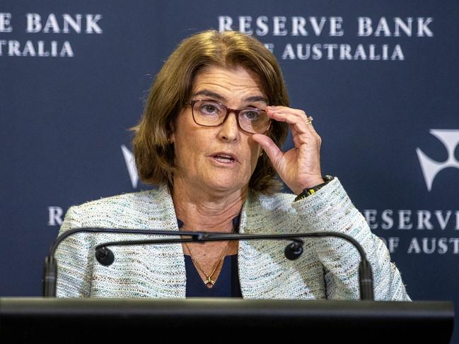 SYDNEY, AUSTRALIA - NewsWire photos FEBRUARY 06, 2024: Pictured is Michele Bullock the Australian economist who is currently governor of the Reserve Bank of Australia speaking at a press conference at the Reserve Bank of Australia (RBA) in Sydney. Picture: NCA NewsWire / Dylan Coker