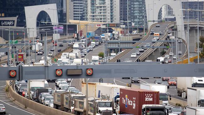 Traffic banks up on the West Gate Bridge during the lane closures. Picture: Mark Stewart