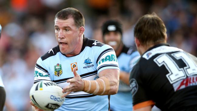 Shark's Paul Gallen during the round 5 NRL game between the Wests Tigers and the Cronulla Sharks at Campbelltown Stadium . Picture Gregg Porteous