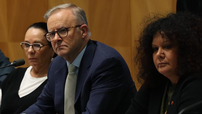 Prime Minister Anthony Albanese with Indigenous Australians Minister Linda Burney and Assistant Minister for Indigenous Australians and Assistant Minister for Indigenous Health Malarndirri McCarthy. Picture: NCA NewsWire/Gary Ramage