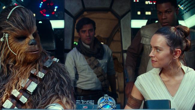 From left, Joonas Suotamo as Chewbacca, Oscar Isaac as Poe Dameron, Daisy Ridley as Rey and John Boyega as Finn in a scene from Star Wars: The Rise of Skywalker. Picture: AP