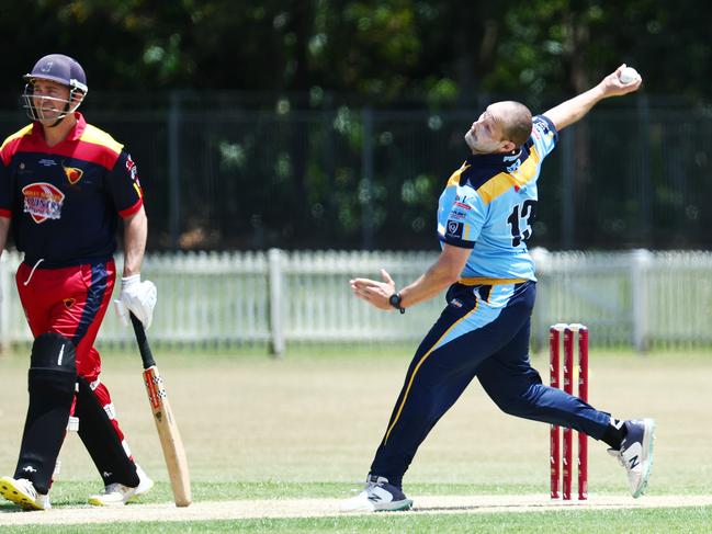 Jake Roach bowls in the Queensland Country Cricket Bulls Masters match between the Far North Fusion and the Sunshine Coast, held at Walker Road sporting fields, Edmonton. Picture: Brendan Radke