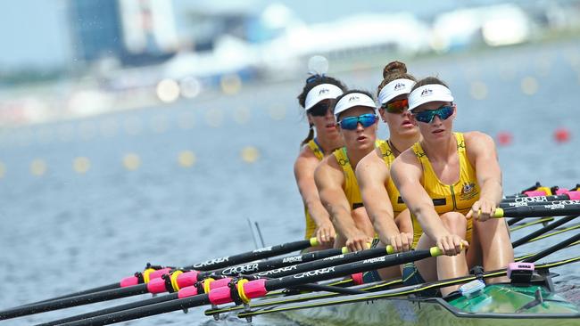 Caitlin Cronin, at the front, in the women’s quadruple scull team competing at 2017 World Rowing Championships. Picture Courtesy of Rowing Australia