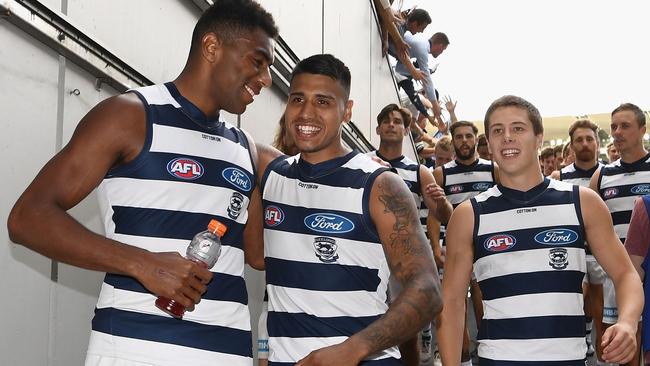 Geelong debutants Esava Ratugolea, Tim Kelly and Lachie Fogarty after Round 1.