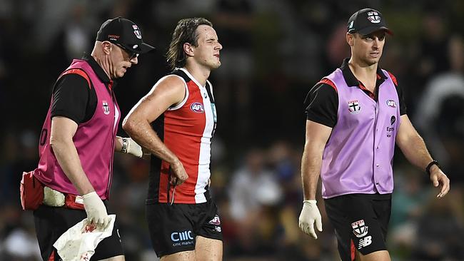 Hunter Clark suffered a broken jaw after David Mackay’s bump. Picture: Albert Perez/AFL Photos/via Getty Images