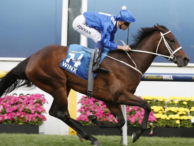 Moonee Valley Races, Race 9, The Cox Plate over 2040 metres. Winx ridden by Hugh Bowman wins the Cox Plate in commanding style . Pic: Michael Klein. 24th of October 2015. Melbourne Australia.