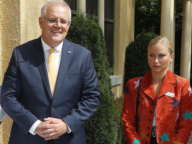 Prime Minister Scott Morrison with Grace Tame in the photo that quickly went viral. Picture: Gary Ramage