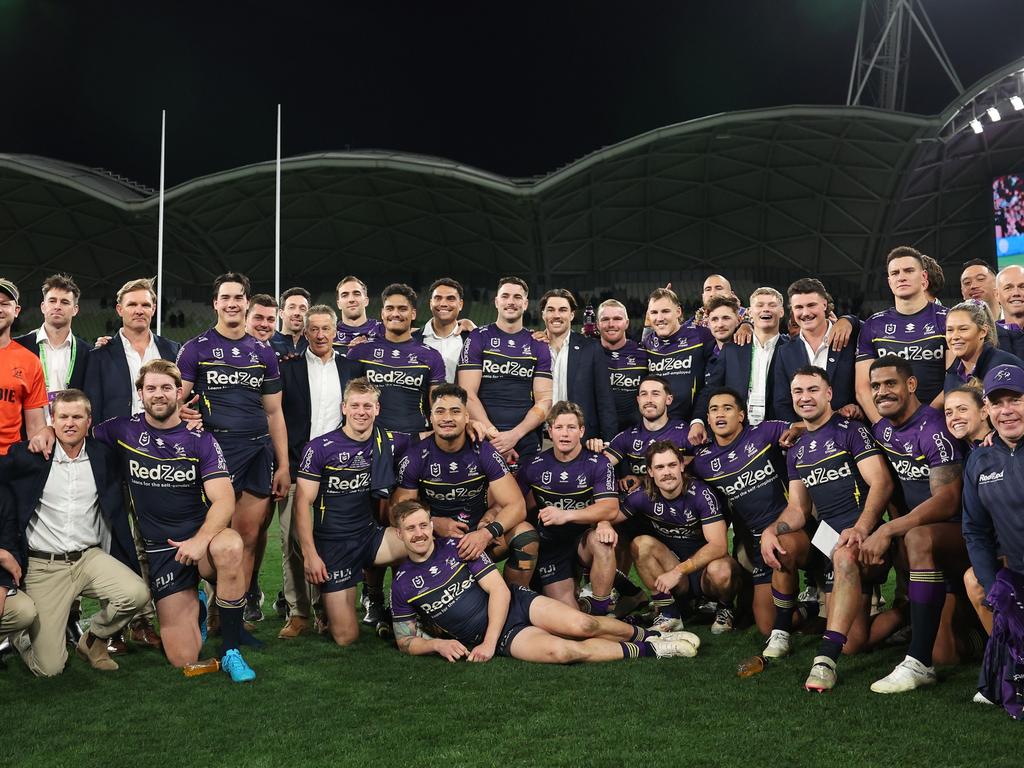 Storm players and staff pose after being named minor premiers. Picture: Getty Images