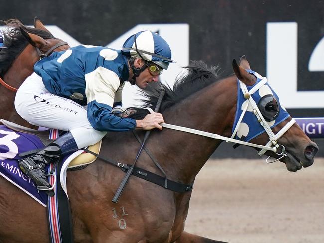 Sunsource ridden by Damien Oliver wins the Byerley Handicap at Flemington Racecourse on July 15, 2023 in Flemington, Australia. (Photo by Scott Barbour/Racing Photos via Getty Images)