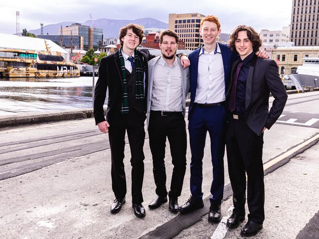 Hobart College leavers dinner 2022 Lachlan Johnstone, Joshua Smith, Hugh Jones and Leyroy Harley. Picture: Linda Higginson