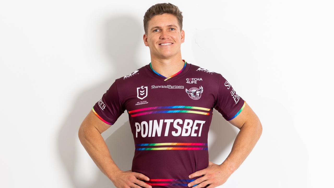 Fullback Reuben Garrick shows off the pride jersey. Picture: Manly Digital