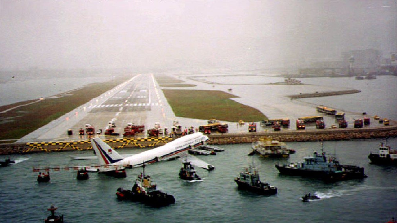 China Airlines Boeing 747 sits in the water after skidding off the runway at Kai Tak Airport in Hong Kong on, November 4. 1993. There were no fatalities. Picture: AFP