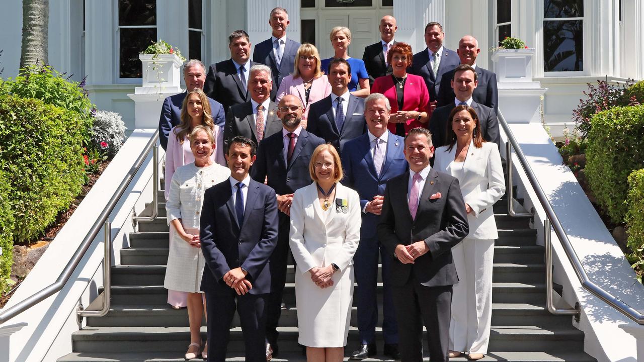 Queensland Premier David Crisafulli with his his new ministers and Governor Jeanette Young after they were sworn in. Picture: NewsWire/Tertius Pickard