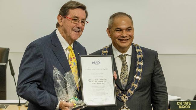 Final Gold Coast City Council meeting before the 2020 election. Retiring councillor Gary Baildon and Mayor Tom Tate. Picture: Jerad Williams.