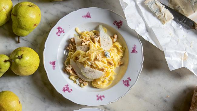 Tagliatelle with pear, gorgonzola and walnut.