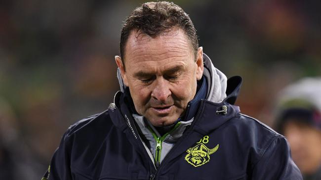 Raiders coach Ricky Stuart reacts during the round 17 NRL match between the Canberra Raiders and the North Queensland Cowboys at GIO Stadium in Canberra, Saturday, July 1, 2017. (AAP Image/Your Name) NO ARCHIVING