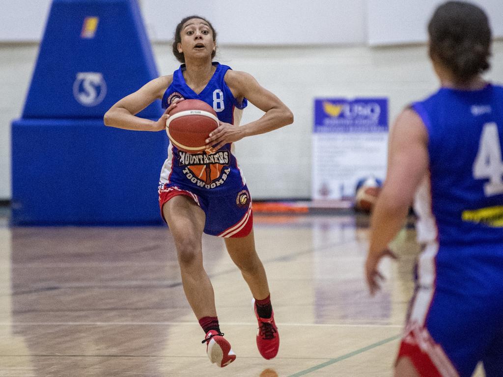 Jorga Bolton, Mountaineers. QSL basketball, Mountaineers vs Gold Coast Rollers. Friday, June 18, 2021. Picture: Nev Madsen.