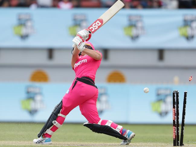 Ashleigh Gardner is bowled by Hobart’s Amy Smith. Picture: MARK METCALFE/GETTY IMAGES