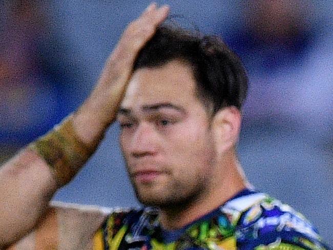 Tepai Moeroa and David Gower of the Eels look on during the Round 10 NRL match between the Canterbury-Bankstown Bulldogs and the Parramatta Eels at ANZ Stadium in Sydney, Friday, May 11, 2018. (AAP Image/Dan Himbrechts) NO ARCHIVING, EDITORIAL USE ONLY