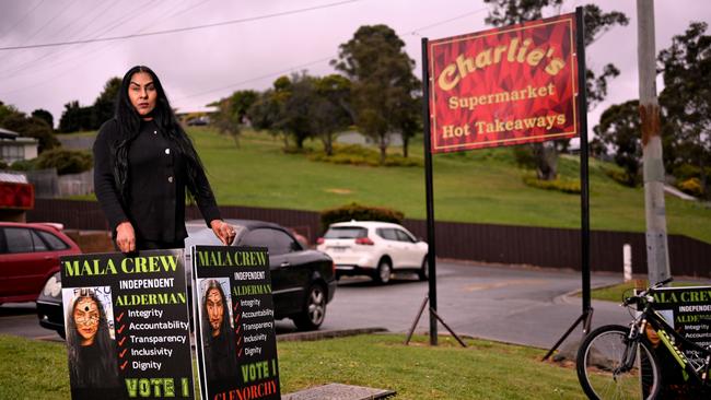 Glenorchy Council candidate Mala Crew says she's has copped vicious racial vandalsim since the elections began. Picture: Kenji Sato