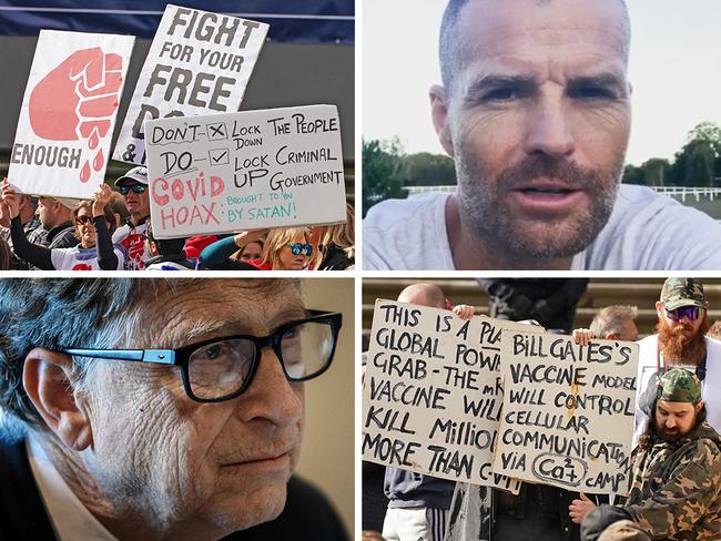 The Covid conspiracy? Protestors outside parliament house in Melbourne (top left, bottom right) has been buying into conspiracy theories surrounding BIll Gates (bottom left), while celebrity chef Pete Evans (top right) has been musing on them on social media.