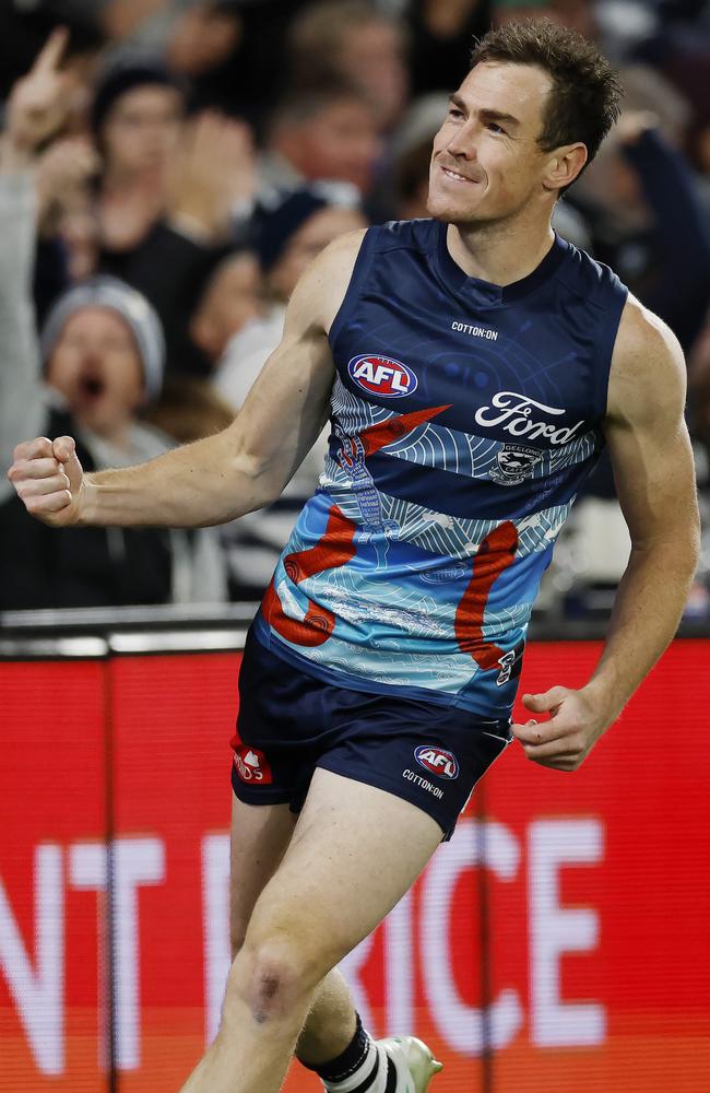 Jeremy Cameron enjoys one of his six goals against the Dogs. Picture: Michael Klein