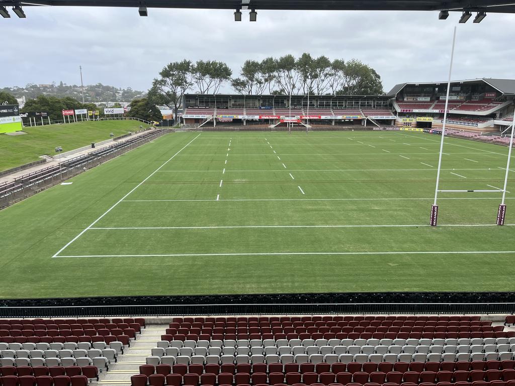 Brookvale Oval with the field markings to replicate the smaller playing surface of Allegiant Stadium in Las Vegas.