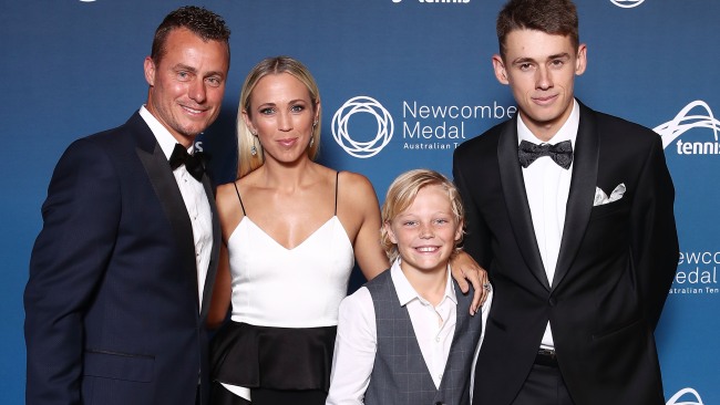 Lleyton Hewitt and Bec Hewitt pose with their son Cruz Hewitt and Alex de Minaur ahead of the Newcombe Medal at Crown Entertainment Complex on November 26, 2018 in Melbourne, Australia. Picture: Getty