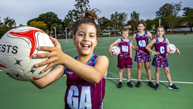 Isabelle Shepherd-Ashby (front) with Sebastian Allen, Sascha Aldridge and Charlotte Brown from Western Districts Netball Association at Graceville. Picture: Richard Walker