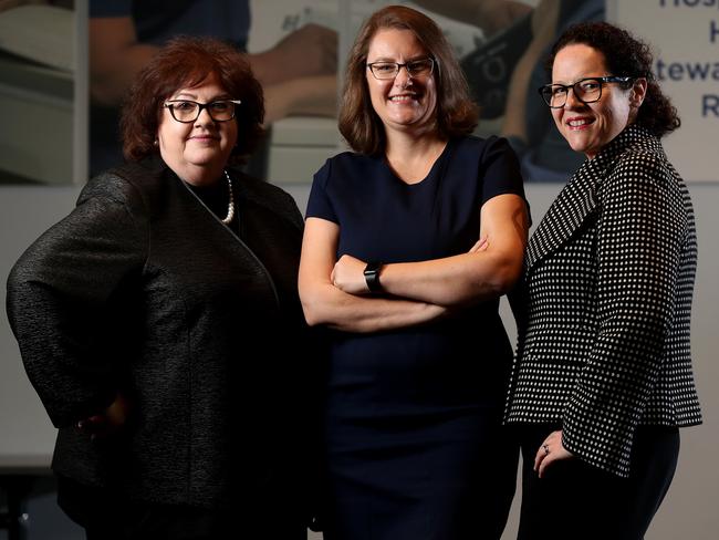 Calvary Health Care chief executives Sharon Kendall, Juanita Ielasi and Emma Poland. Picture: Calum Robertson