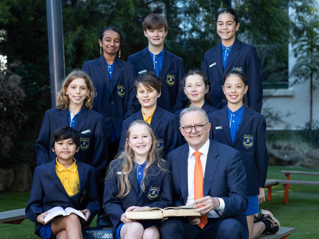 Prime Minister Anthony Albanese is pictured with Year 6 students at Marrickville Public School, who participated in the 2022 Prime Minister’s Spelling Bee and are gearing up for the 2023 Bee, which opens on Monday 24 July. Picture: Julian Andrews