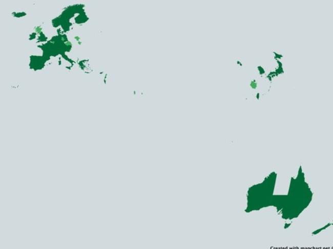 Map of the world with a life expectancy of around 80 or more.