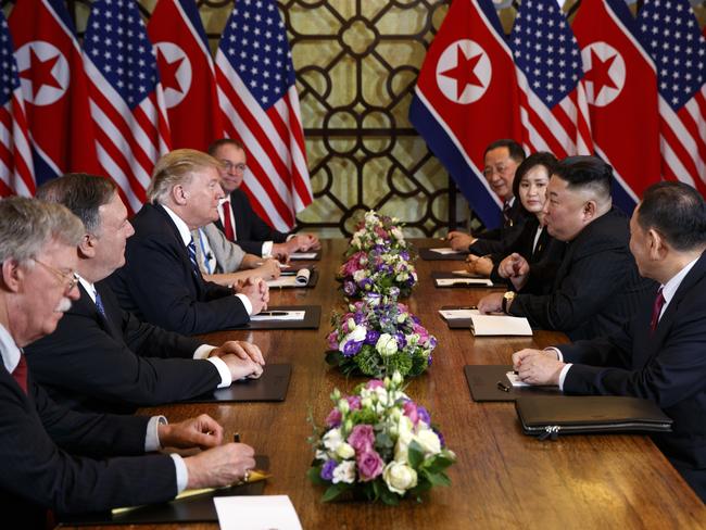 US President Donald Trump speaks during a meeting with North Korean leader Kim Jong-un in Hanoi. Picture: AP 