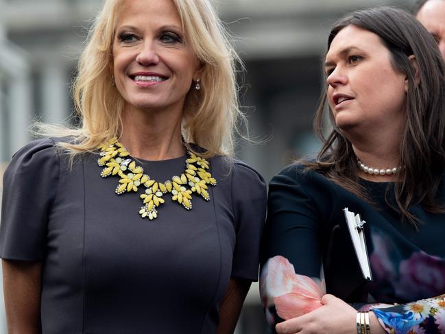 Sims calls White House Counsellor Kellyanne Conway, left with Sarah Sanders, ‘the American Sniper of West Wing marksmen’, whose agenda is ‘survival over all others, including the President.’ Picture: Saul Loeb/AFP