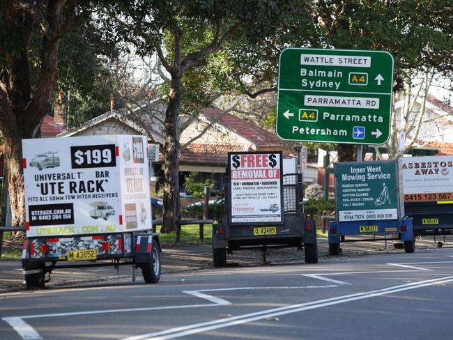 Trailers with advertising on them lined up along Frederick St last year. Picture: Craig Wilson