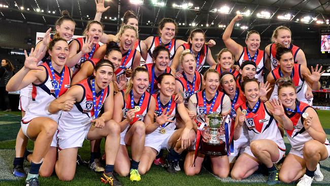 The Darebin Falcons celebrate the VFLW premiership in 2017. Picture: Andy Brownbill