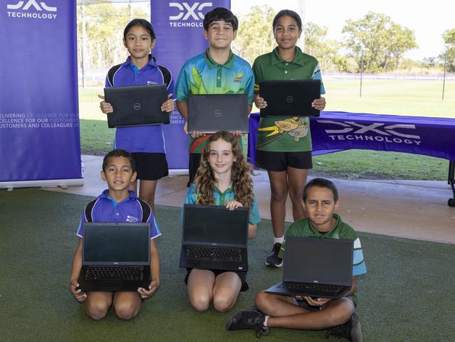 DXC Technology announced the donation of 90 laptops to three primary schools in Darwin – Ludmilla, Malak, and Millner – in partnership with NT Cricket and the Shell V-Power Racing Team. Picture: Mark Horsburgh