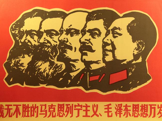 Communist leaders Mao Zedong, Lenin, Stalin and Marx in a Chinese Cultural Revolution propaganda poster.