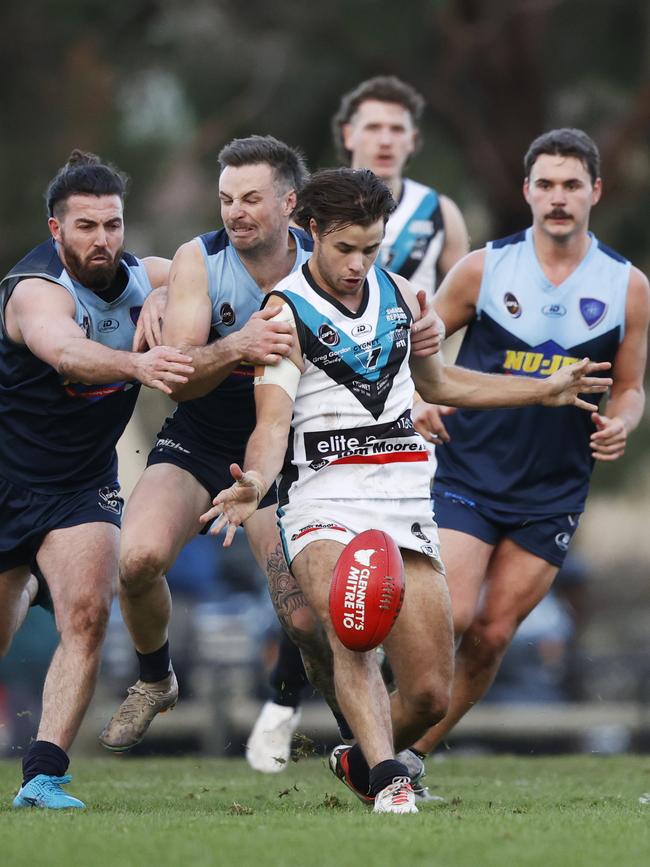 Martin applies a tackle on Mitchell Lister (Cygnet) back in round 8. Picture: Nikki Davis-Jones