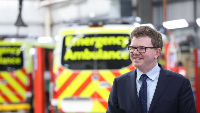 Health Minister Chris Picton at the Fulham Gardens Ambulance Station, announcing the rollout of extra crews. NCA NewsWire / David Mariuz