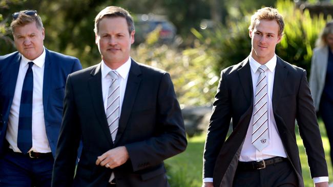 Cherry-Evans arrives with manager Gavin Orr and Sea Eagles chairman Scott Penn.