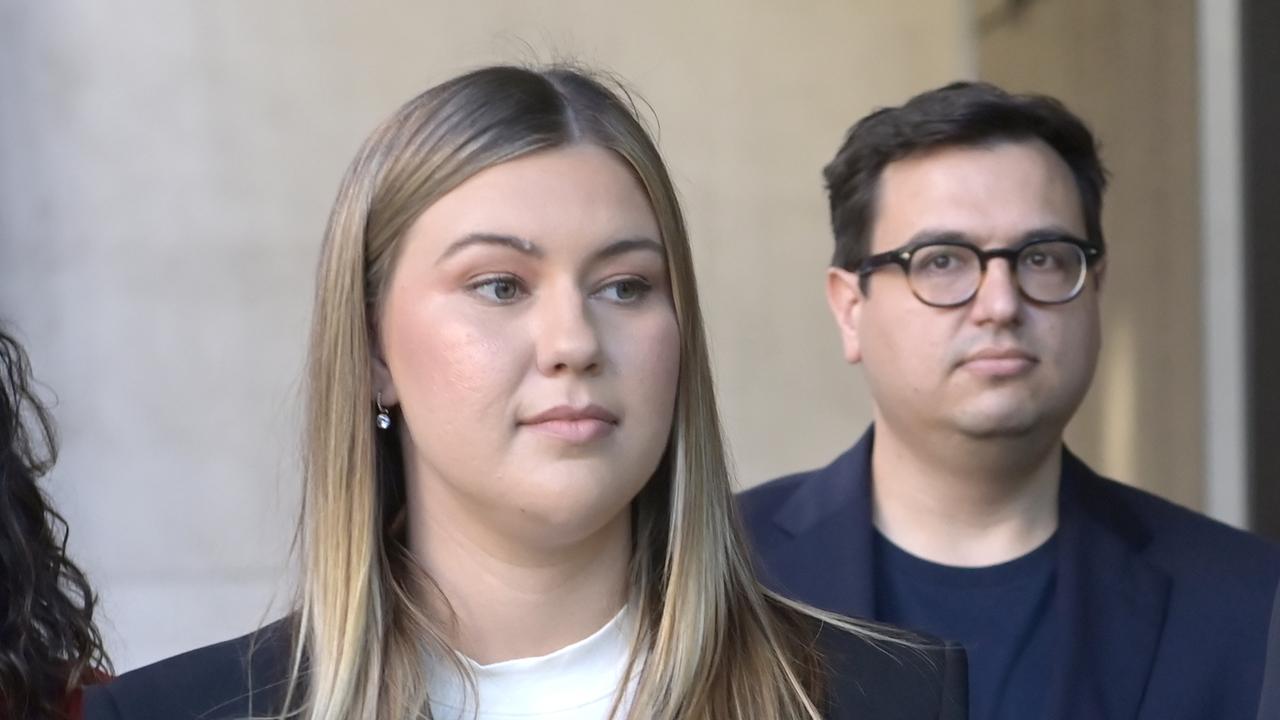 Brittany Higgins arrives at the Federal Court with her fiance David Sharaz earlier in the proceedings. Picture: NCA NewsWire / Jeremy Piper