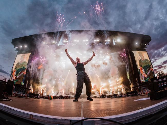 ***EXCLUSIVE FOR THE AUSTRALIAN***, Winston McCall, vocalist of Byron Bay heavy metal band Parkway Drive, performing at a European music festival on its 2024 tour marking the band's 20th anniversary. Picture: Third Eye Visuals