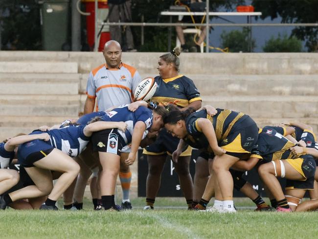 Darwin Dragons vs. Casuarina Cougars Women's sides in a scrum during their Round 2 clash. Picture: From The Sideline Sports Photography.