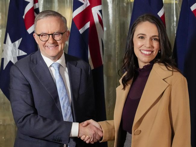 Anthony Albanese greets his then New Zealand counterpart Jacinda Ardern, the first foreign leader to be hosted by Australia's new Labor government. Picture: Getty Images