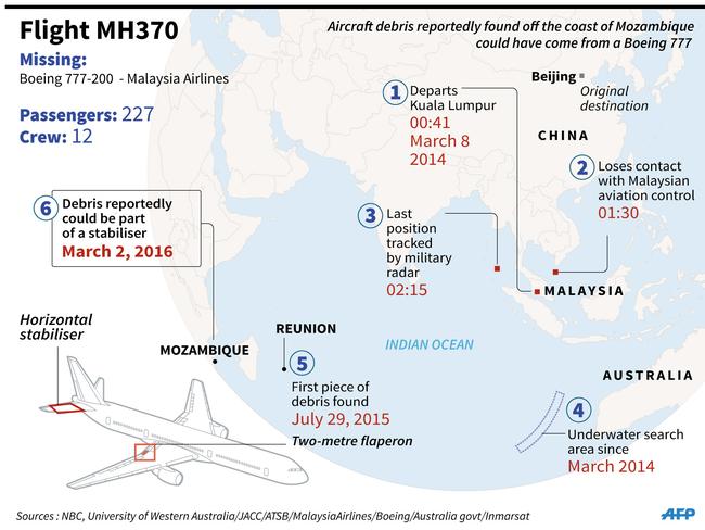 A map of the spot Gibson where Gibson claims to have found the suspected plane part in the Mozambique Channel. Picture: AFP