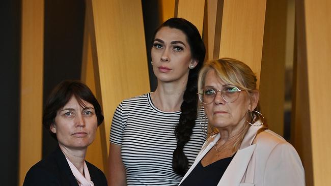 Forensic scientist Dr Kristy Wright with Shandee’s sister, Shannah, and mother, Vicki, last week. They want the Palaszczuk government to order retesting of all forensic evidence in the case in a new lab, and an inquiry. Picture: Lyndon Mechielsen