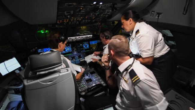 Qantas pilots preparing for the second Project Sunrise test flight from London to Sydney on November 14, 2019. Picture: Supplied